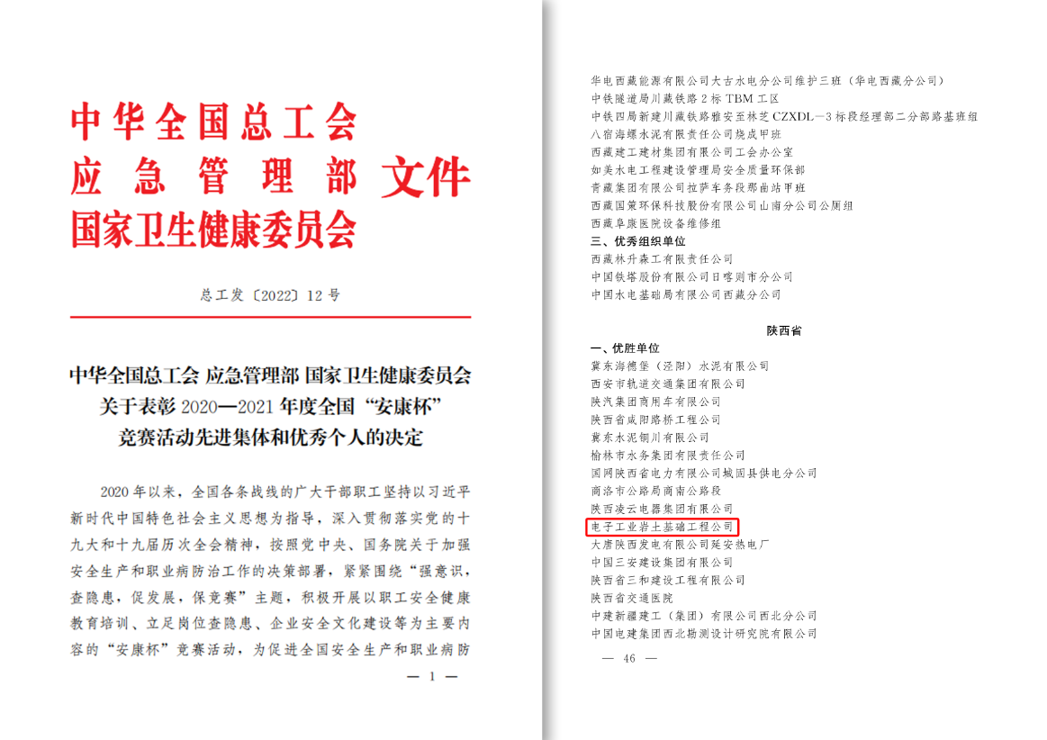 電勘院下屬電子工業巖土基礎工程公司榮獲2020—2021年度全國“安康杯”競賽 優勝單位